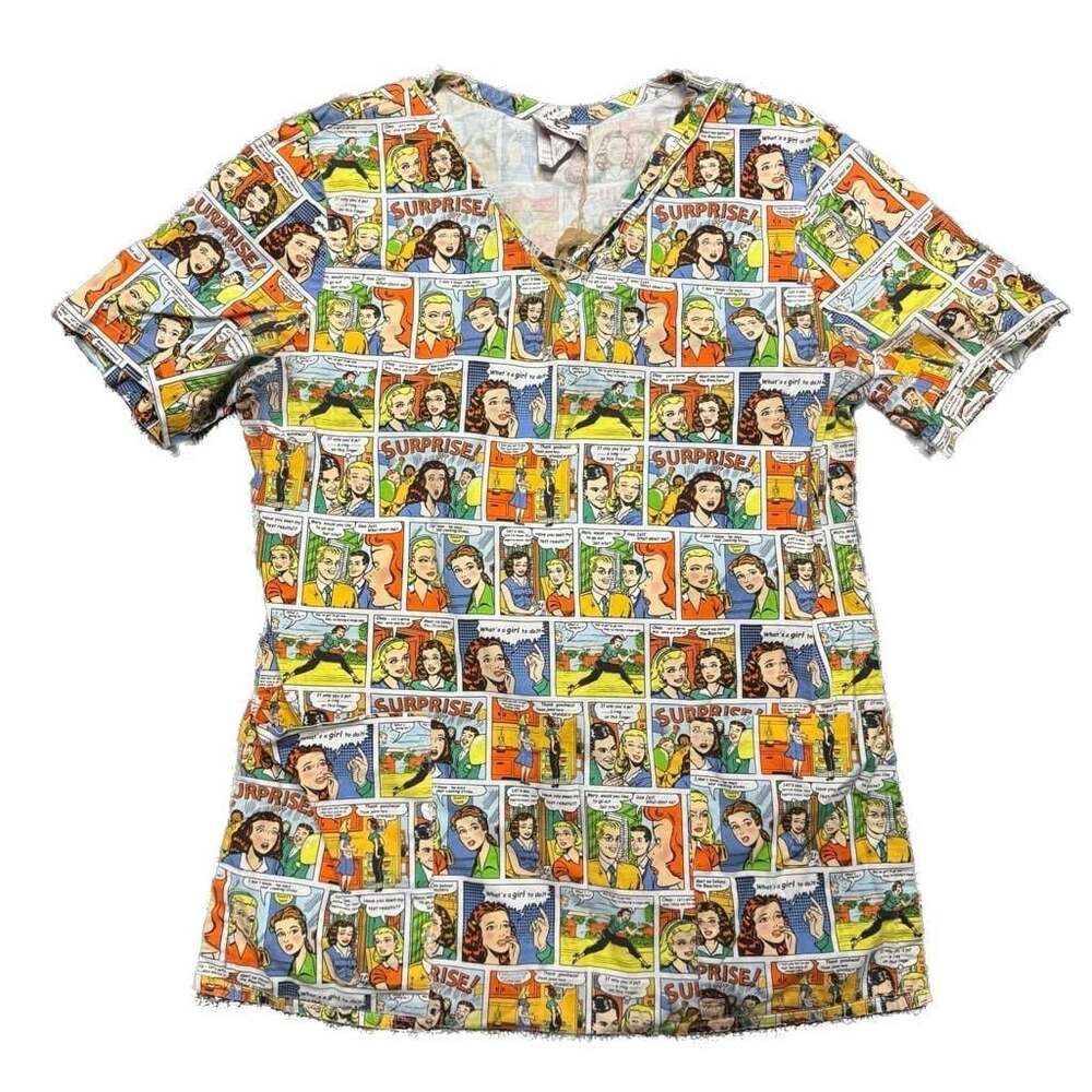 Genuine Vintage 80s Comic Book Nurse Shirt. White Cross Women's V-Neck Scrub Top
